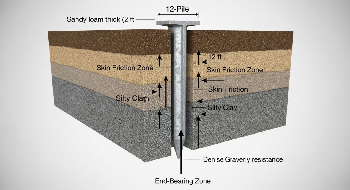 Cross-section diagram showing a steel solar pile foundation embedded in layered soil profiles for structural analysis.