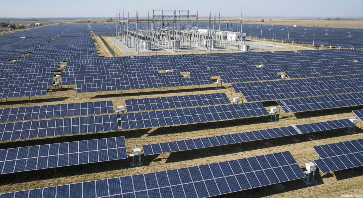 Aerial view of a utility-scale solar power plant featuring rows of photovoltaic panels and a central substation for grid connection.