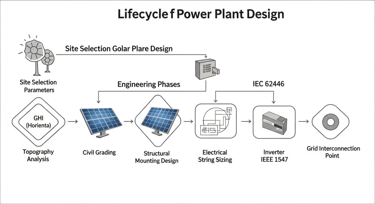Technical schematic of solar power plant electrical distribution