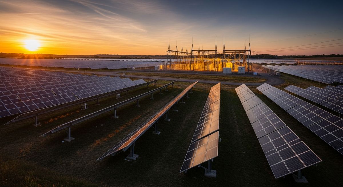 Utility-scale solar power plant with rows of photovoltaic panels under a clear sky, representing large-scale renewable energy investment.