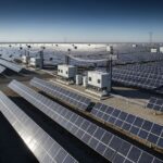 Aerial view of a large-scale utility solar power plant with rows of photovoltaic panels under bright sunlight.
