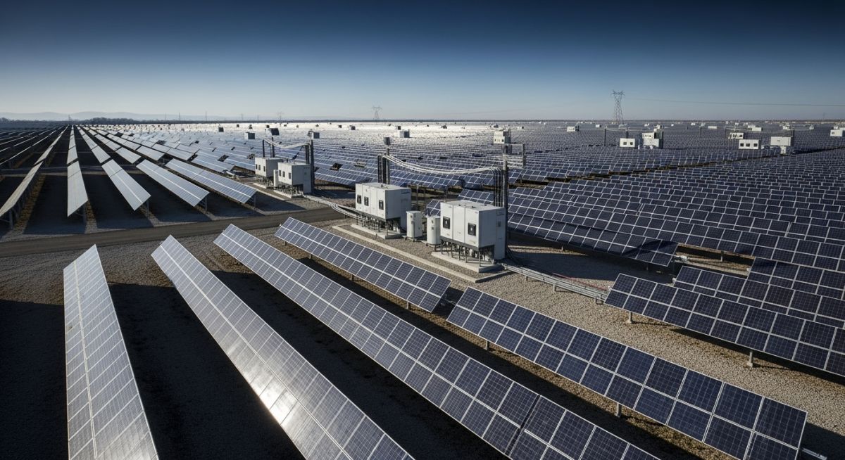 Aerial view of a large-scale utility solar power plant with rows of photovoltaic panels under bright sunlight.