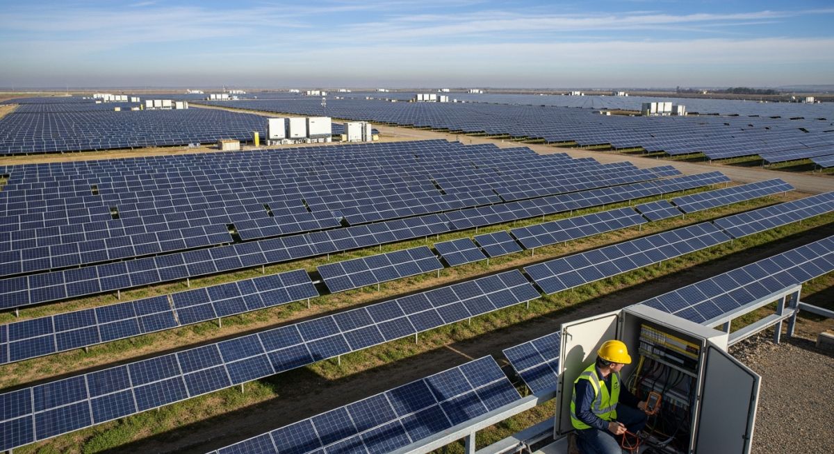 Professional technician performing a routine inspection on a large-scale solar power plant array to ensure optimal energy production.