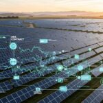 Utility-scale solar farm at sunrise with digital financial contract overlays representing Renewable Power Purchase Agreements.