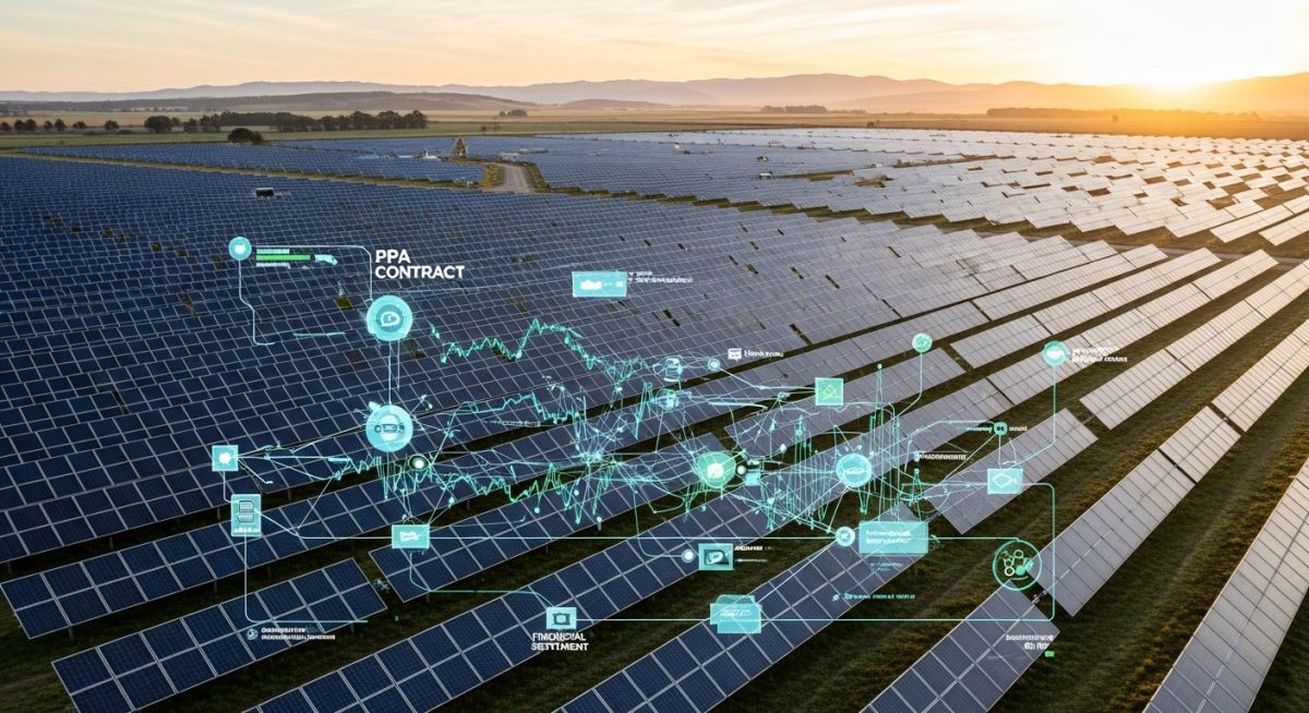 Utility-scale solar farm at sunrise with digital financial contract overlays representing Renewable Power Purchase Agreements.