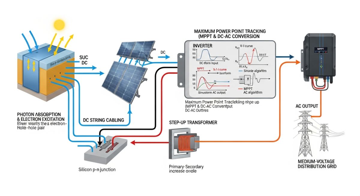 Technical diagram of solar photovoltaic energy conversion process