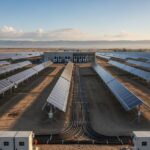 Utility-scale solar photovoltaic system installation with rows of panels and central inverter stations.