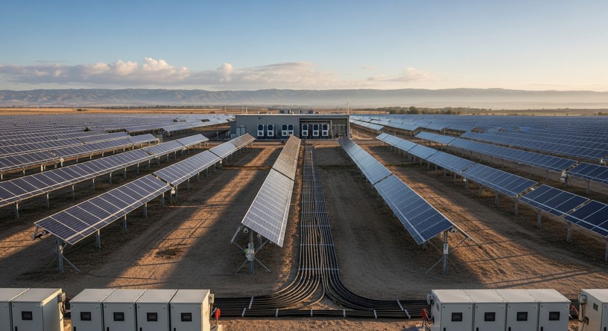 Utility-scale solar photovoltaic system installation with rows of panels and central inverter stations.