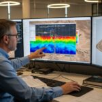 Senior engineer analyzing solar irradiance heat maps and meteorological data on workstation monitors for utility-scale solar project planning.