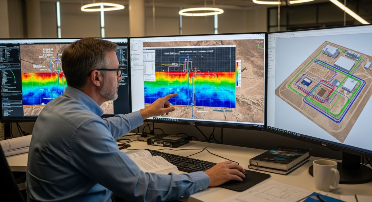 Senior engineer analyzing solar irradiance heat maps and meteorological data on workstation monitors for utility-scale solar project planning.