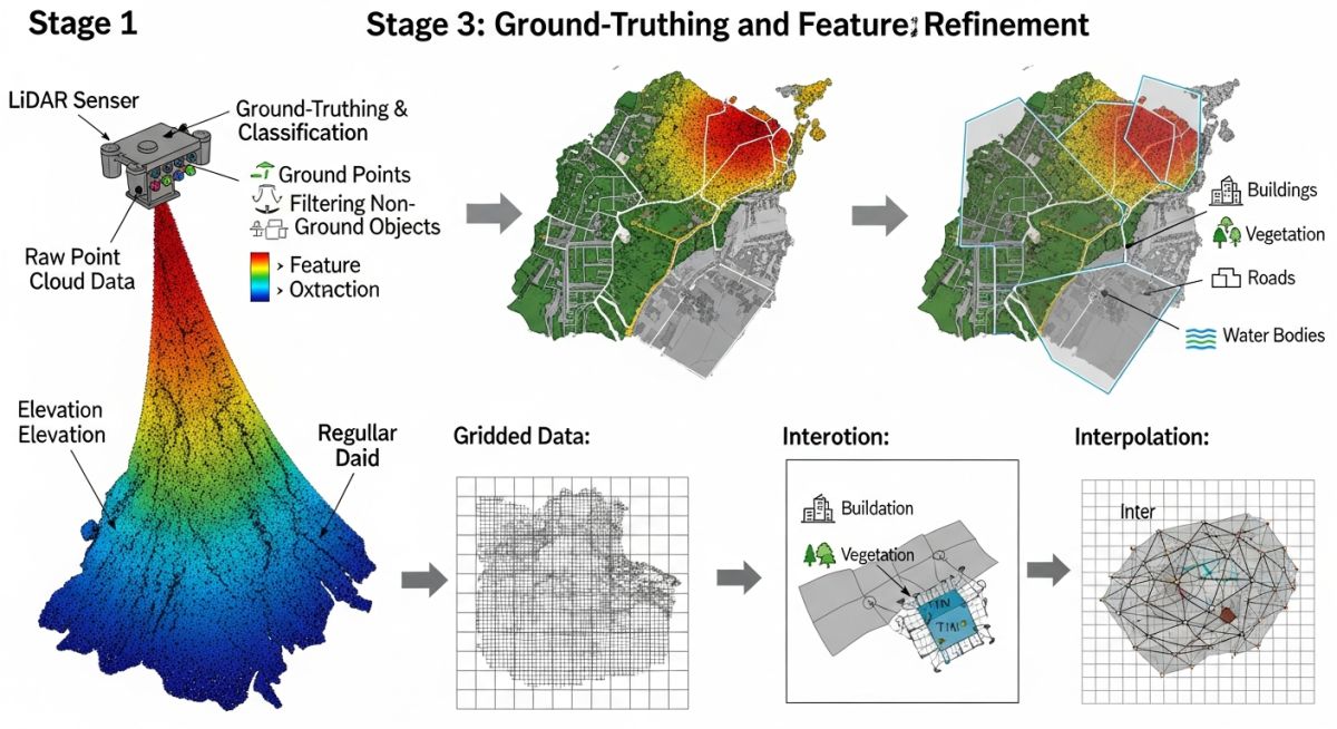 Technical infographic showing the workflow from raw survey data to DTM generation and solar array layout