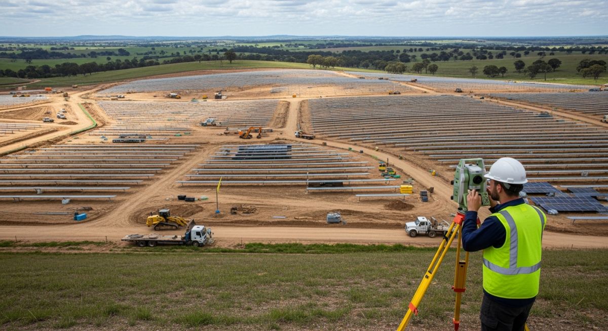 Professional surveyor conducting Topographical Surveys for Solar Projects on a large-scale utility site with complex terrain.