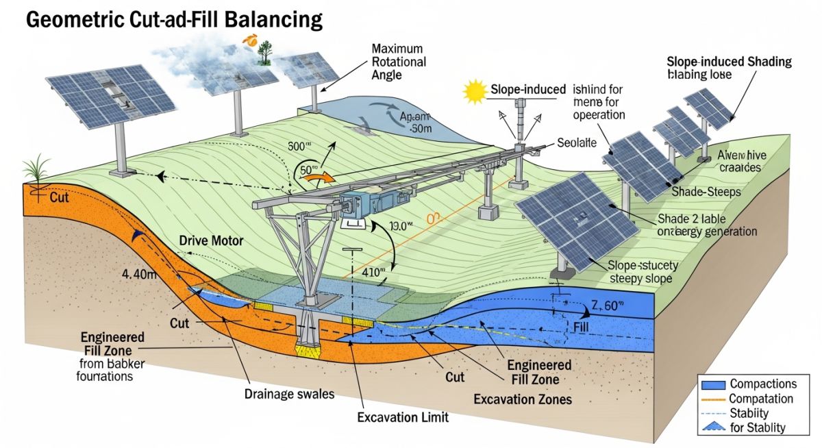 Technical diagram showing solar tracker slope tolerances and grading zones