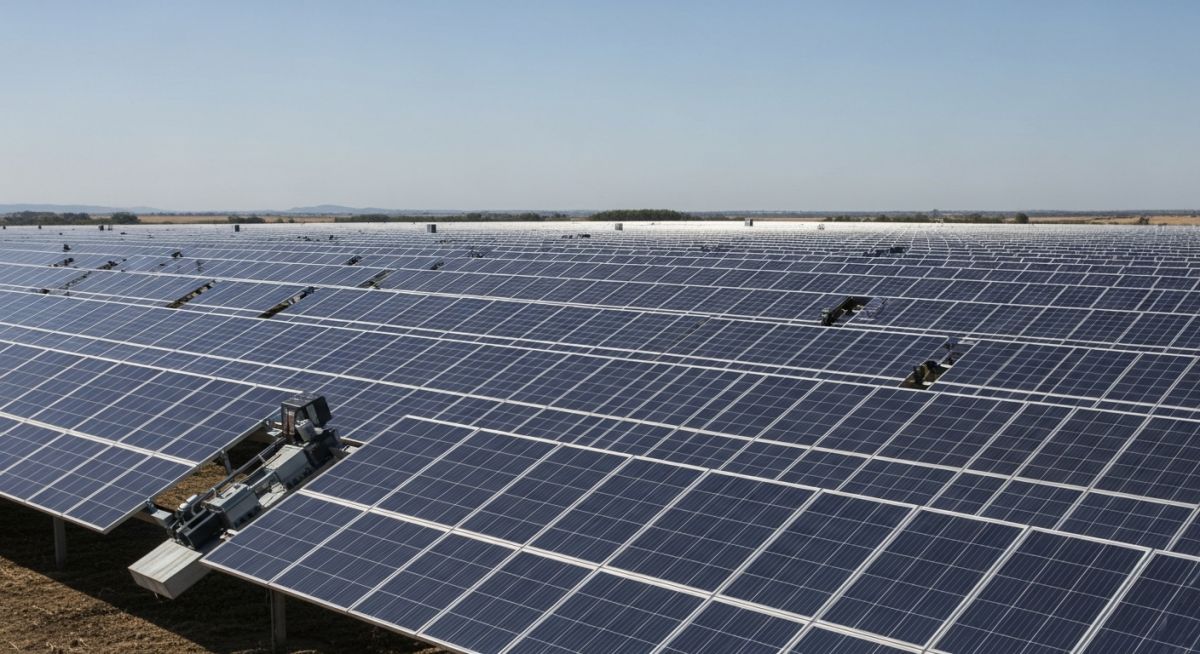 Utility-scale solar farm with horizontal single-axis solar tracking systems aligned for maximum sunlight capture.