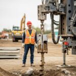 Geotechnical drilling rig performing a Standard Penetration Test on a construction site to determine soil density and N-values.