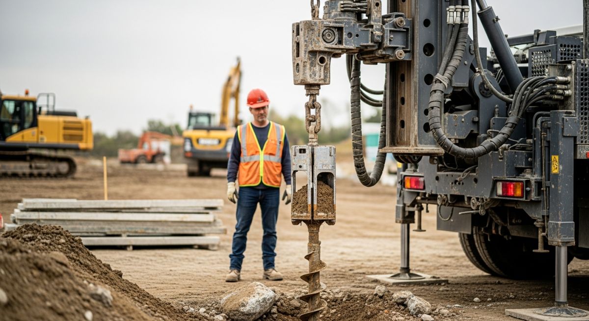Geotechnical drilling rig performing a Standard Penetration Test on a construction site to determine soil density and N-values.