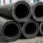 Stacked black cast iron pipes with hub and spigot ends at an industrial construction site.