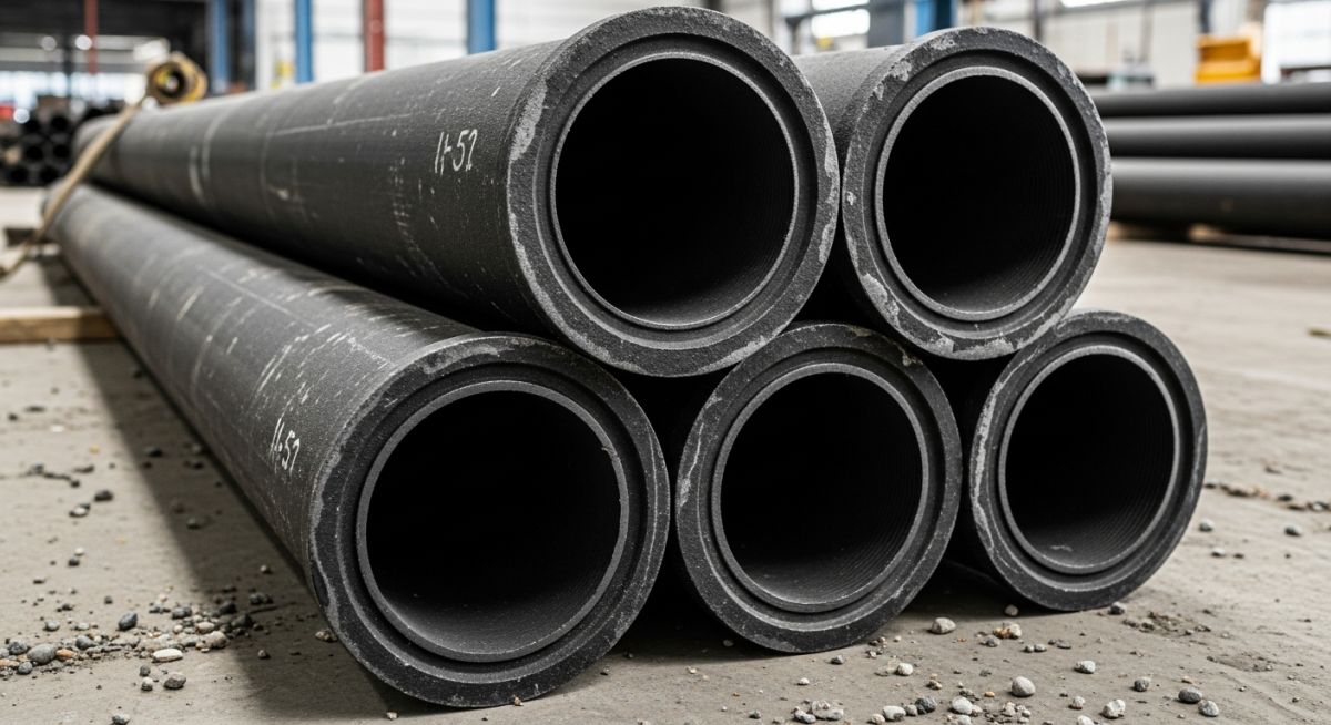 Stacked black cast iron pipes with hub and spigot ends at an industrial construction site.