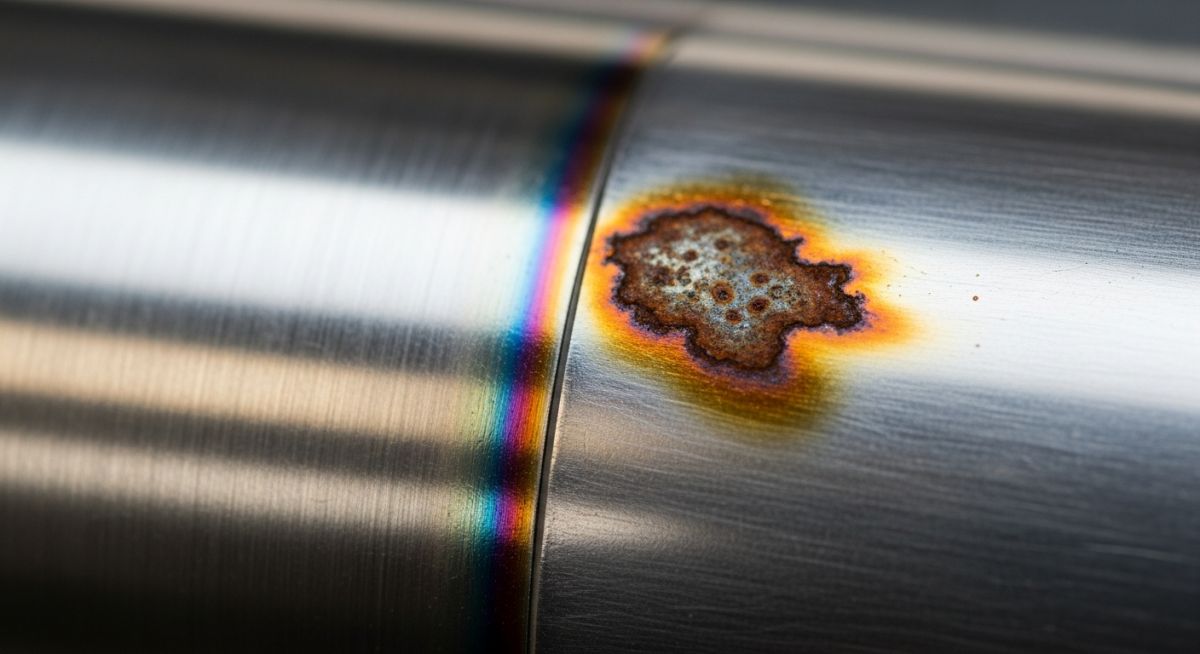 Close-up of a polished stainless steel industrial component showing localized pitting corrosion and rust.