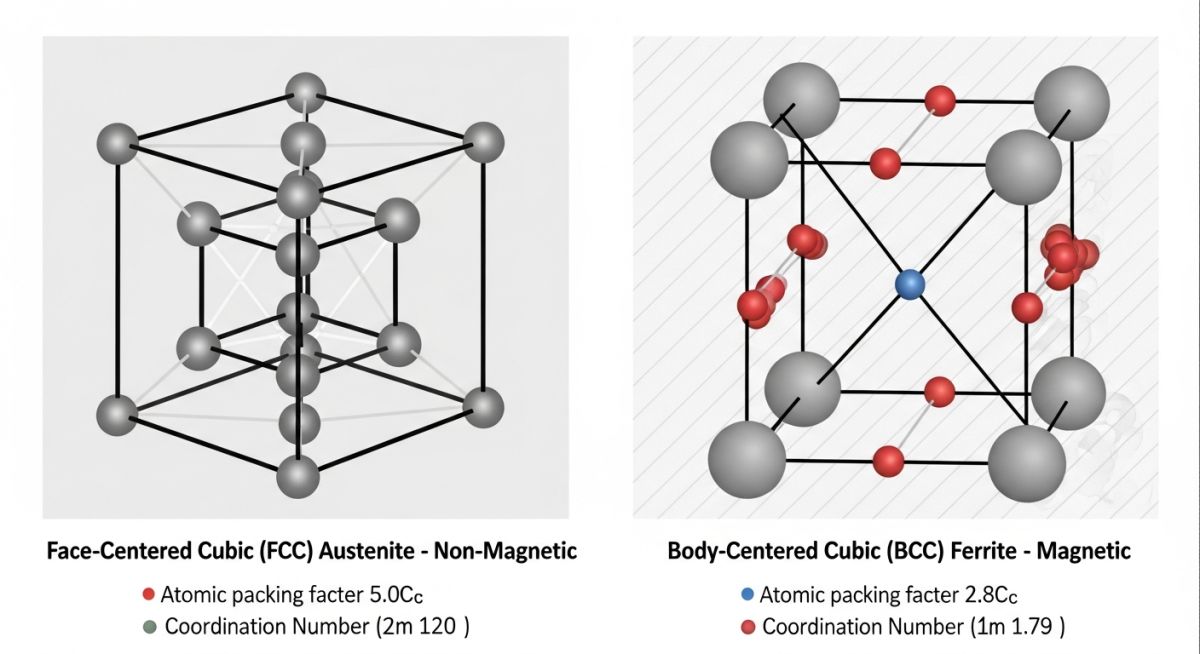 Stainless steel crystal structures magnetic vs nonmagnetic comparison