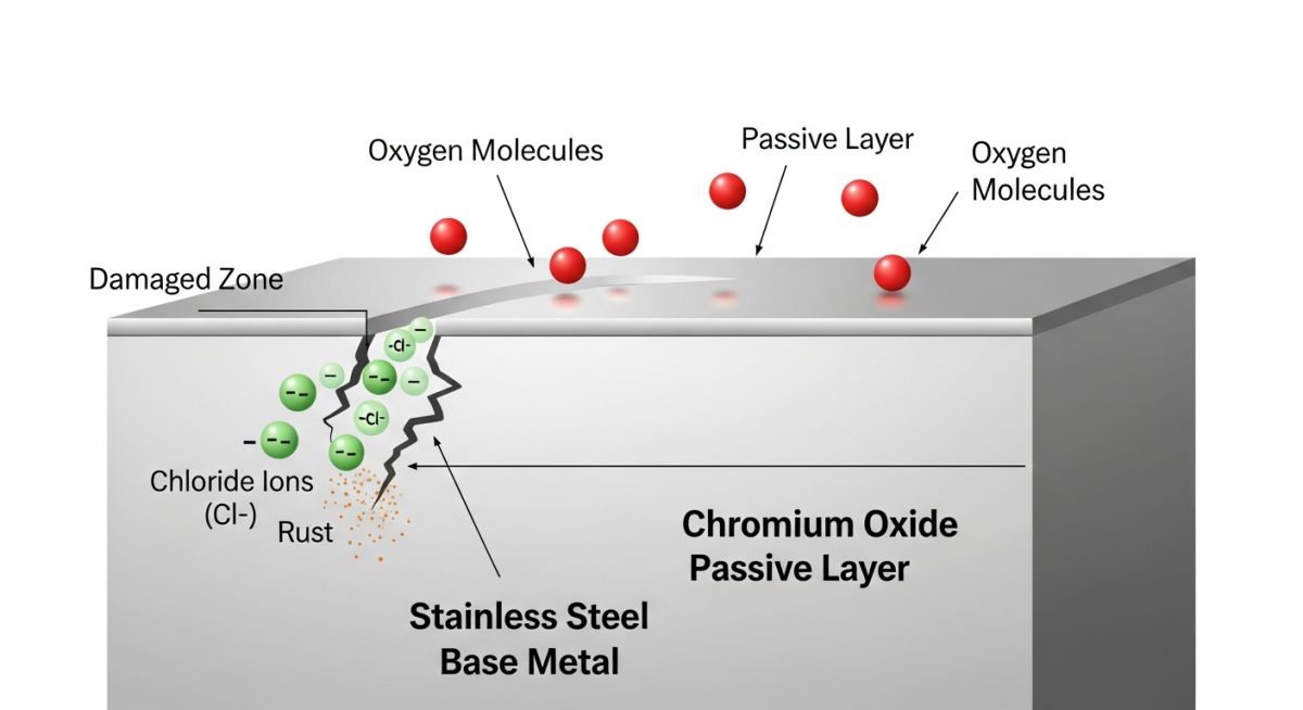 Stainless steel passive layer breakdown and pitting corrosion diagram