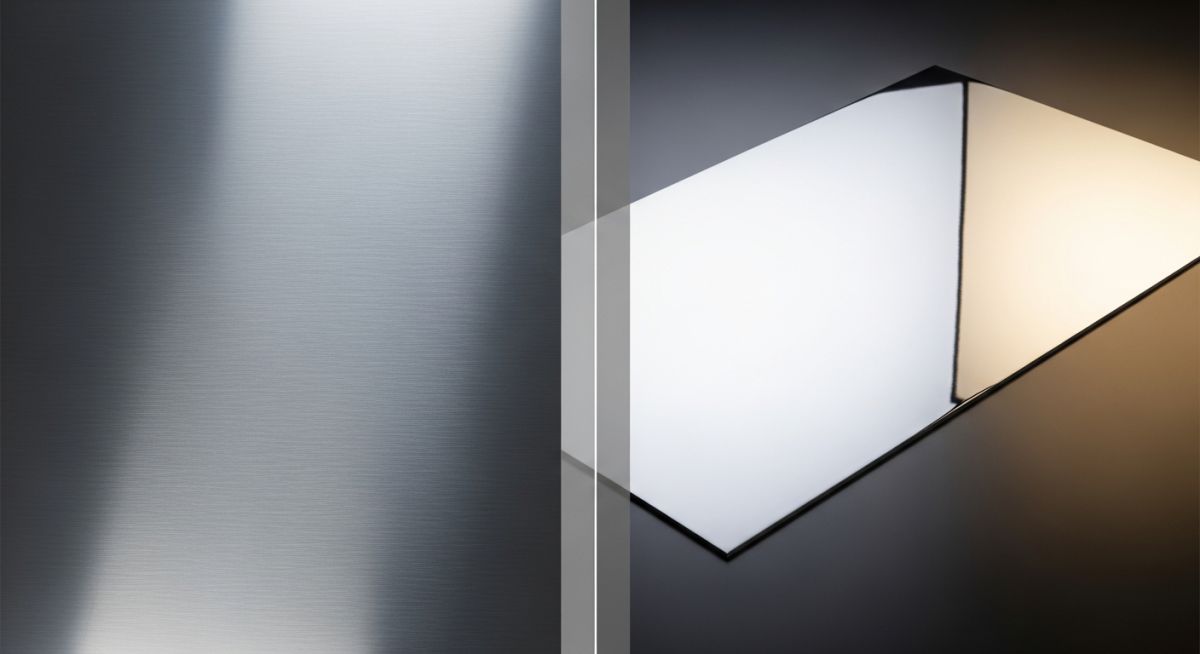 Side-by-side comparison of brushed stainless steel and polished aluminum sheets showing surface texture differences.