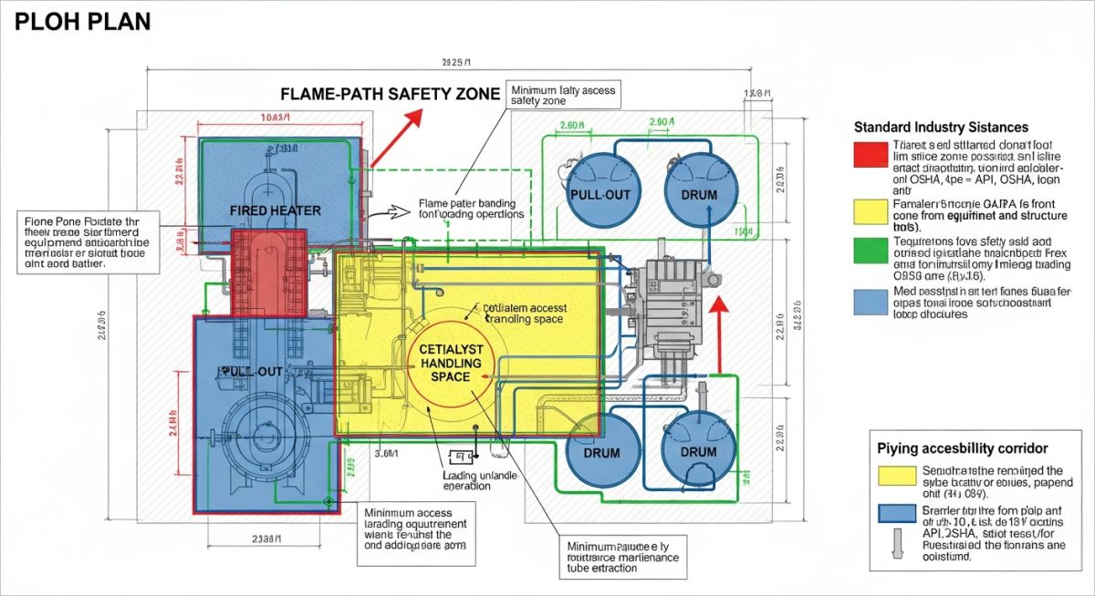 Technical infographic detailing minimum clearance and spacing for static equipment