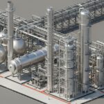 3D isometric plot plan showing the strategic placement of reactors, fired heaters, and pressure vessels in a refinery.