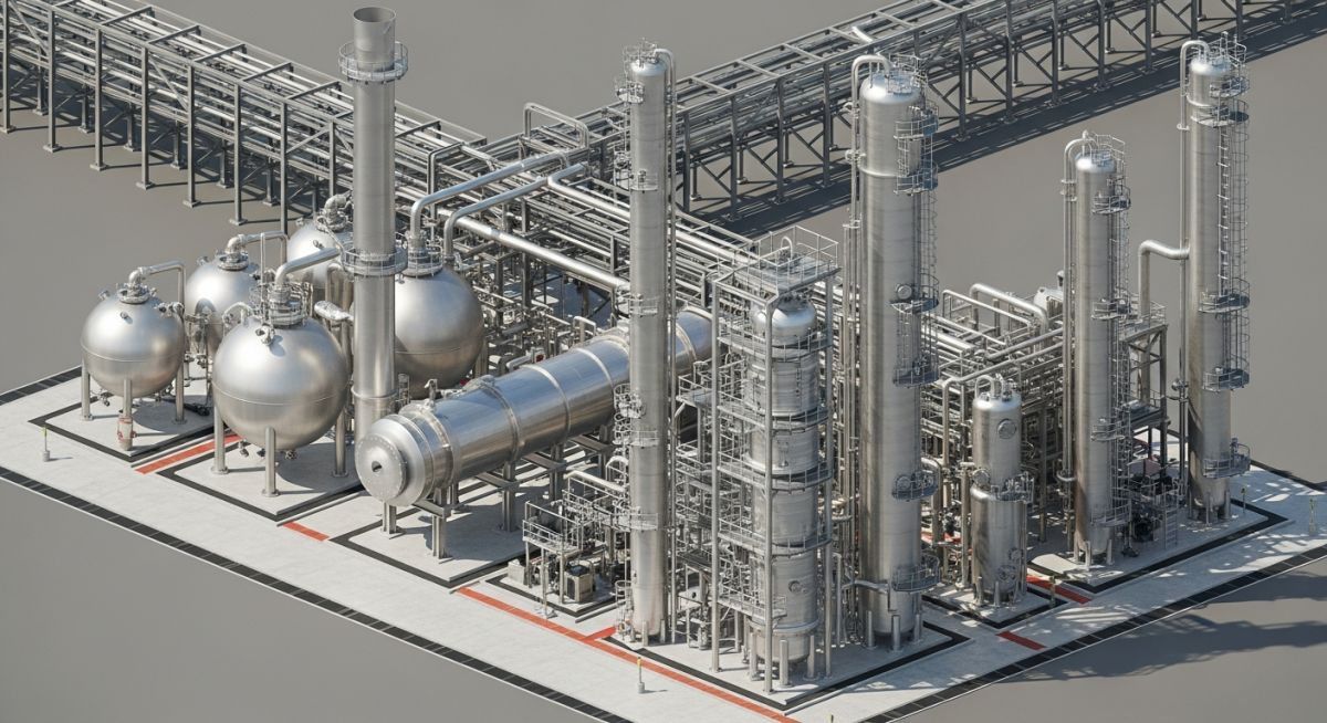 3D isometric plot plan showing the strategic placement of reactors, fired heaters, and pressure vessels in a refinery.