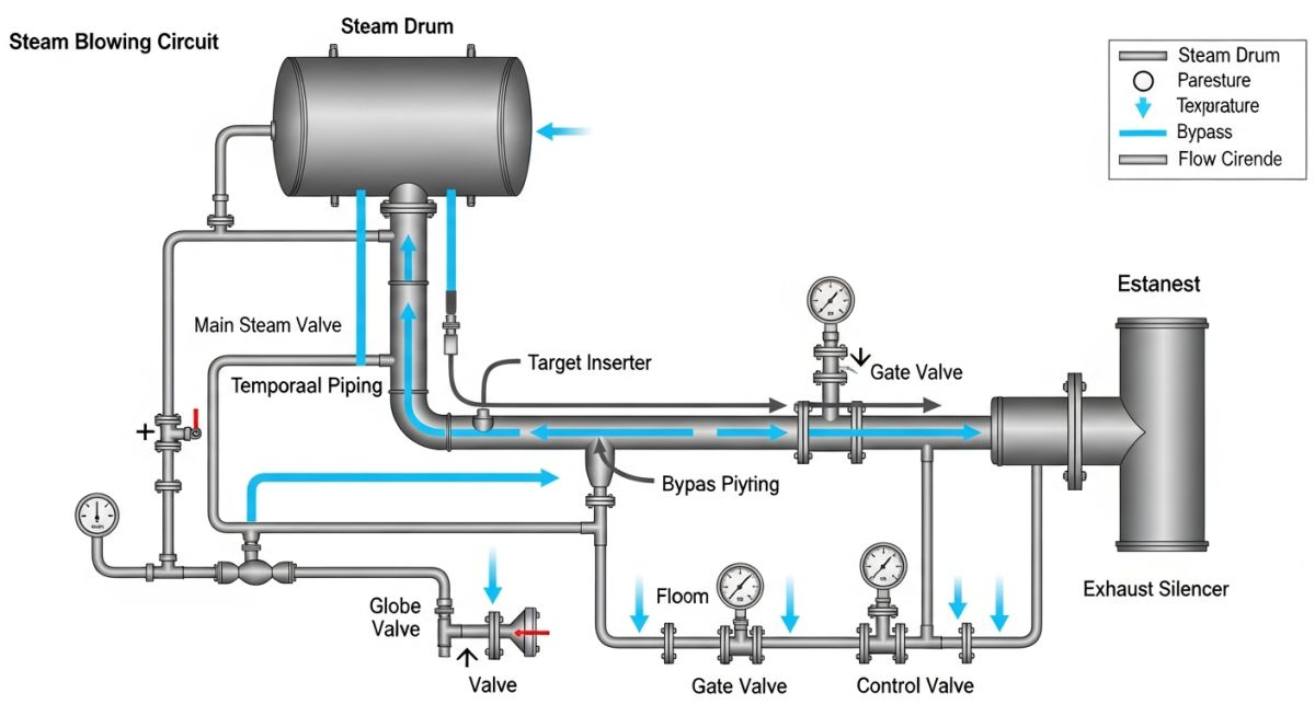 Schematic diagram of steam blowing procedure showing temporary piping and target plates