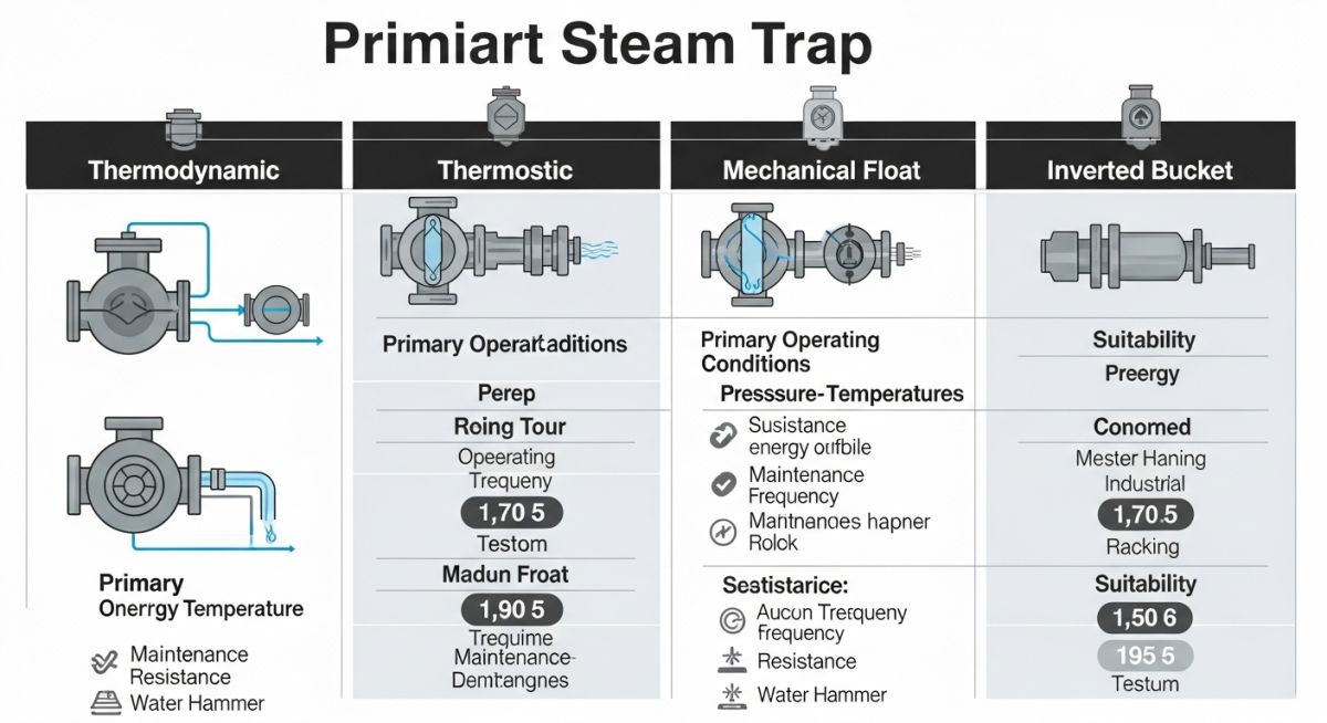 Technical comparison matrix for various steam trap types and their operational characteristics