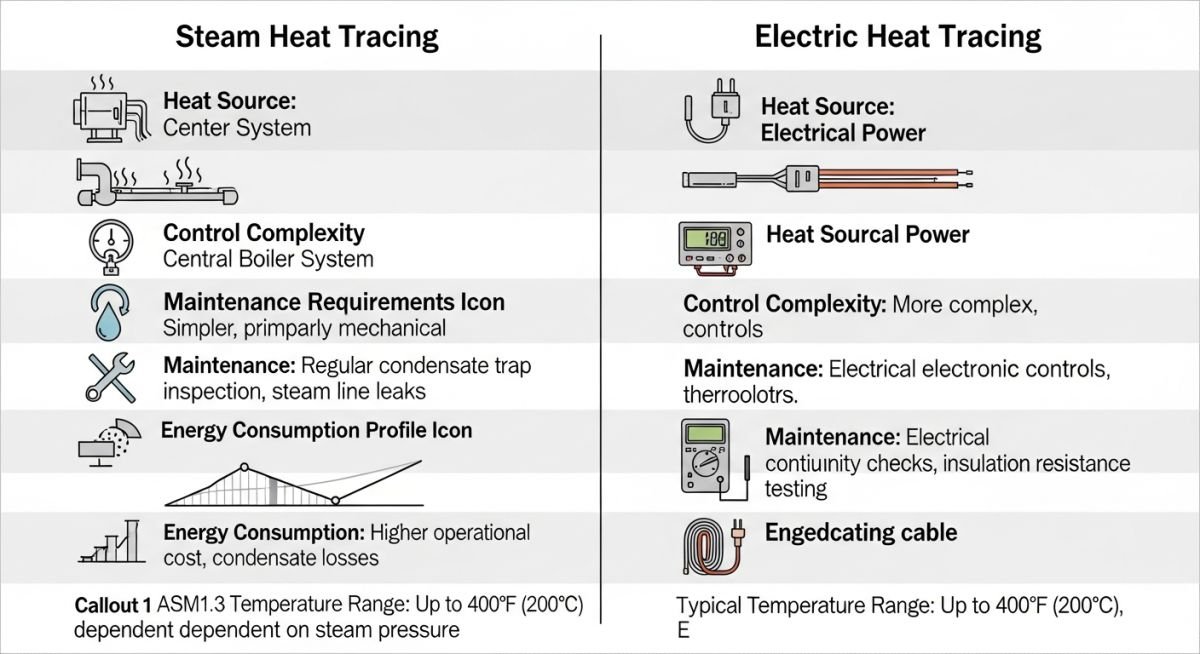 Comparison matrix of steam and electric heat tracing technologies