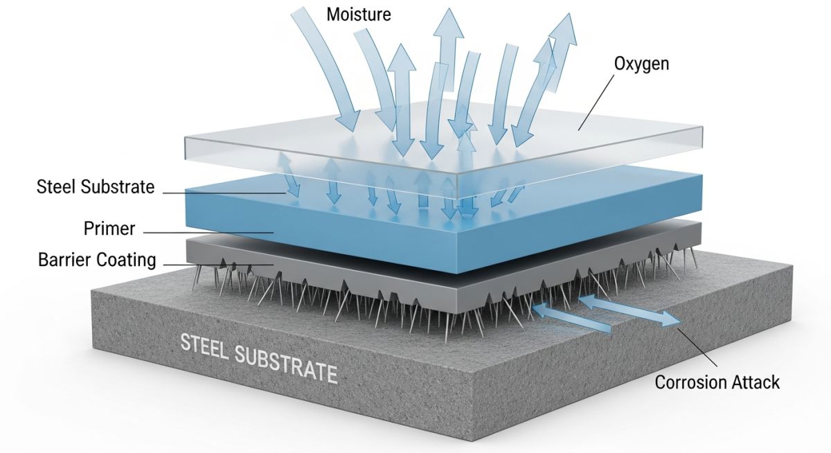 Cross-section diagram of steel coating layers showing primer, intermediate, and topcoat