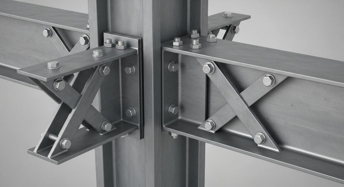 3D render of a structural steel cross-bracing connection with a gusset plate.