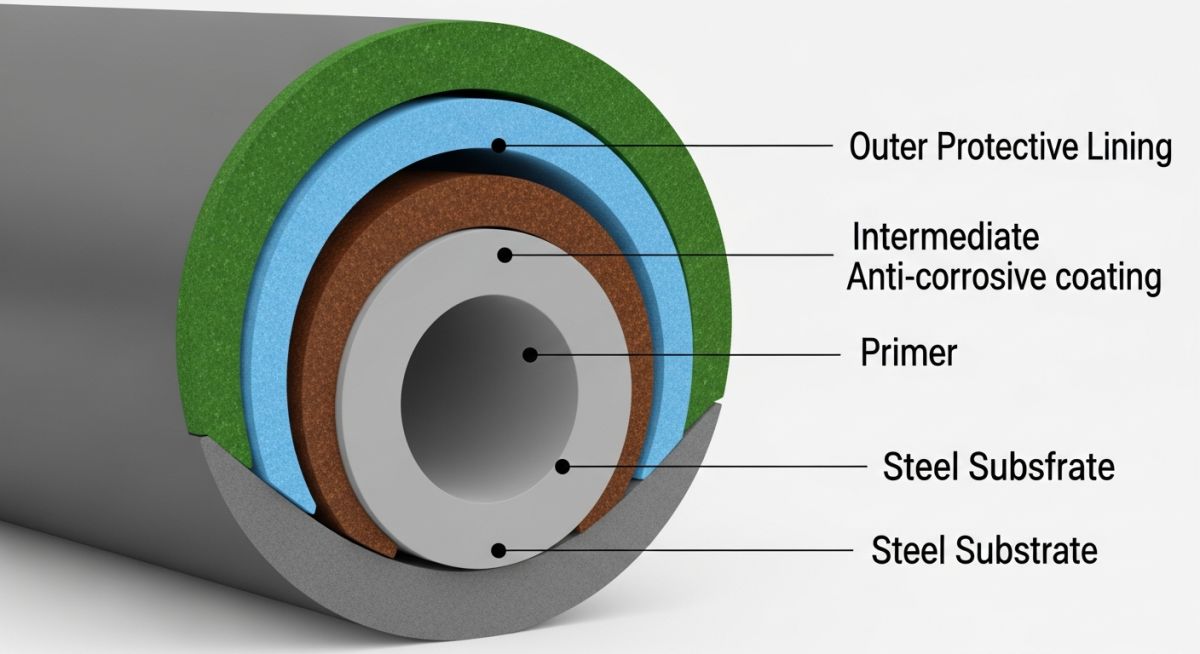 Technical diagram showing the multi-layer structure of anti-corrosive steel pipe coatings including FBE, adhesive, and HDPE layers