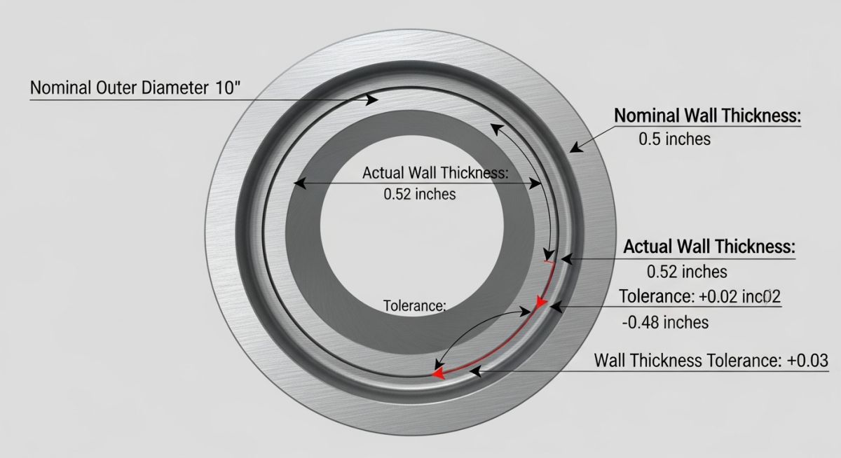 3D render of a steel pipe cross-section showing nominal versus actual wall thickness variations due to mill tolerance.