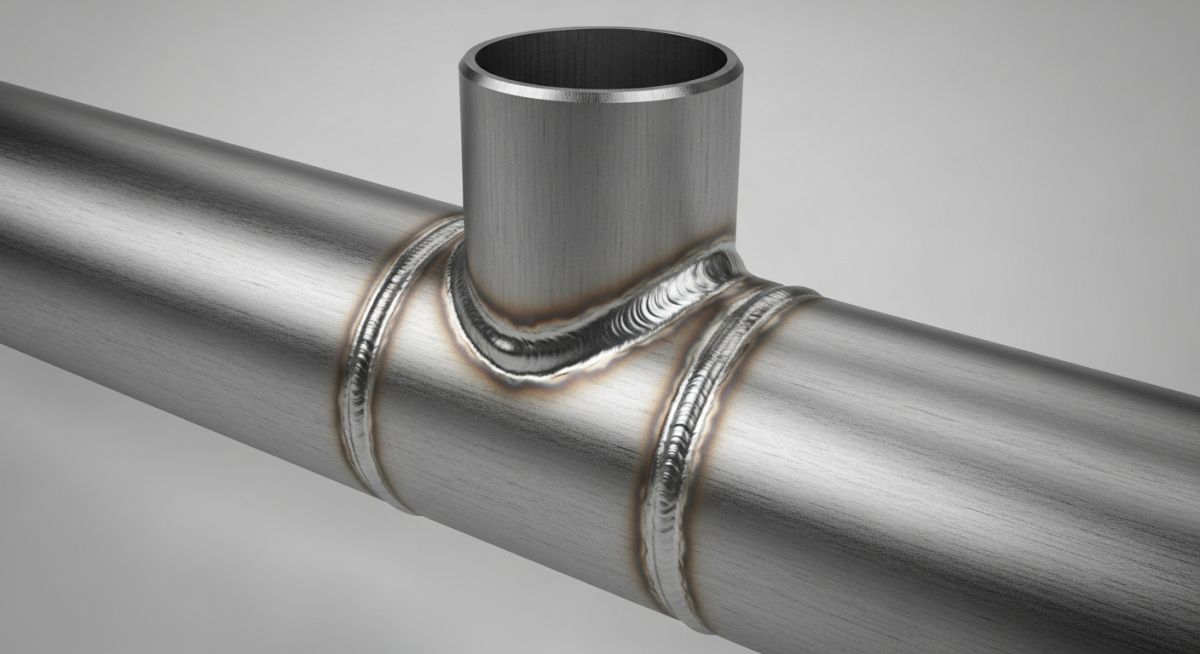 3D render of a steel Weldolet fitting welded to a main run pipe.