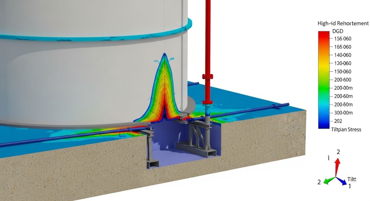 3D engineering cross-section of a storage tank nozzle connection showing potential settlement zones and piping stress points.