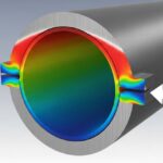 3D cross-section of a steel pipe undergoing mechanical stress and material strain analysis for industrial piping design.