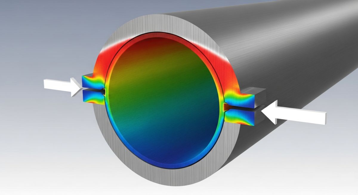 3D cross-section of a steel pipe undergoing mechanical stress and material strain analysis for industrial piping design.