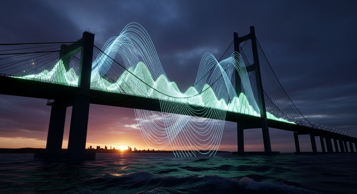 3D render of a suspension bridge oscillating due to structural resonance with overlaid frequency wave graphics.