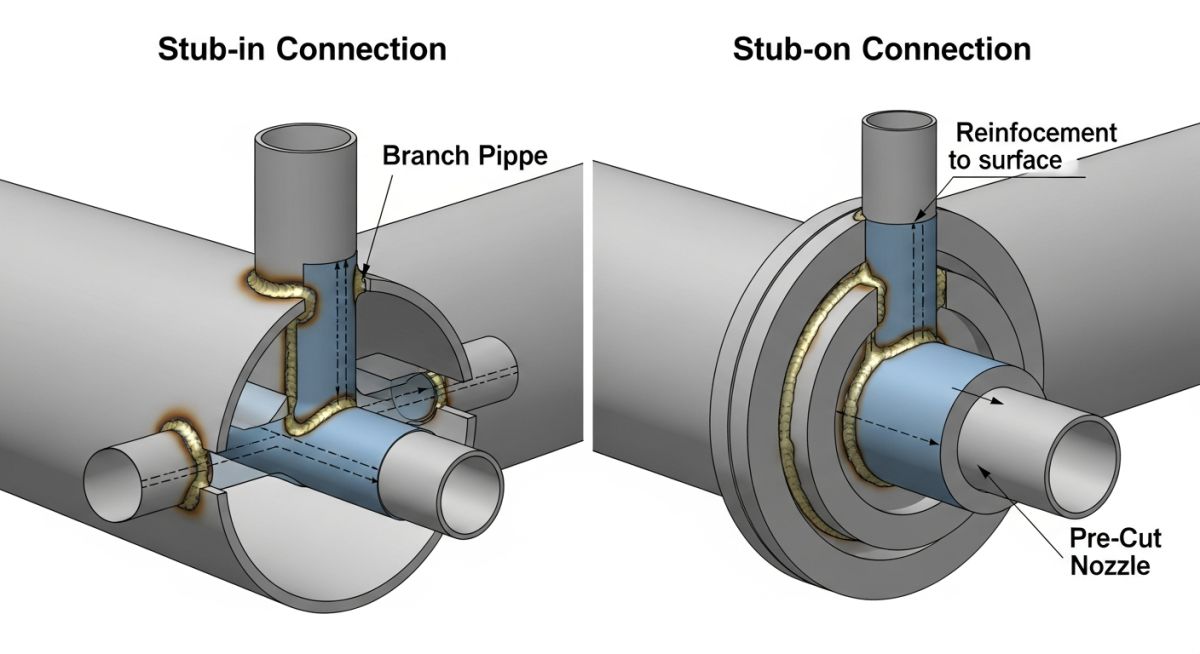 Side-by-side comparison diagram of stub-in and stub-on piping branch connections.