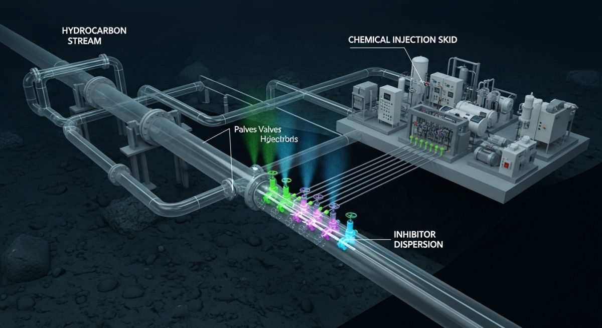3D schematic of subsea chemical injection system preventing gas hydrate formation in a pipeline.