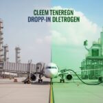 A split-view illustration showing the transition from traditional refinery infrastructure to modern sustainable aviation fuel production facilities at an airport.