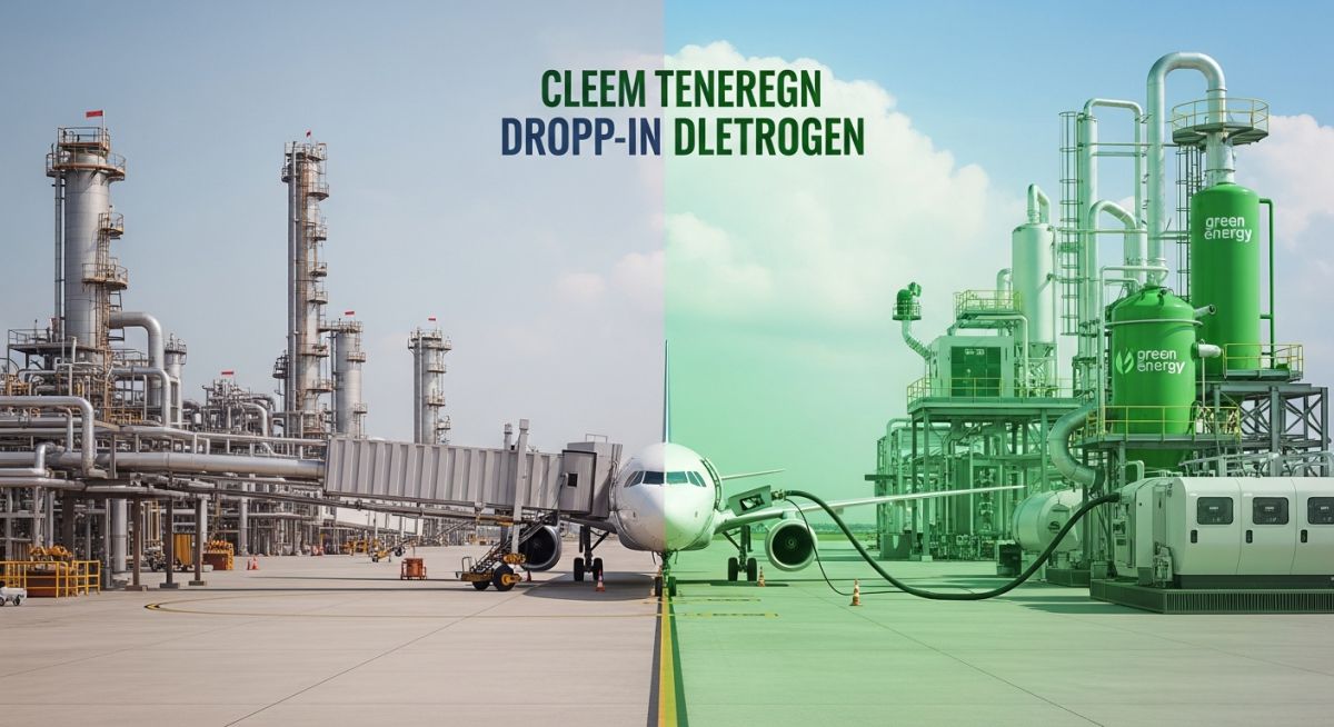 A split-view illustration showing the transition from traditional refinery infrastructure to modern sustainable aviation fuel production facilities at an airport.