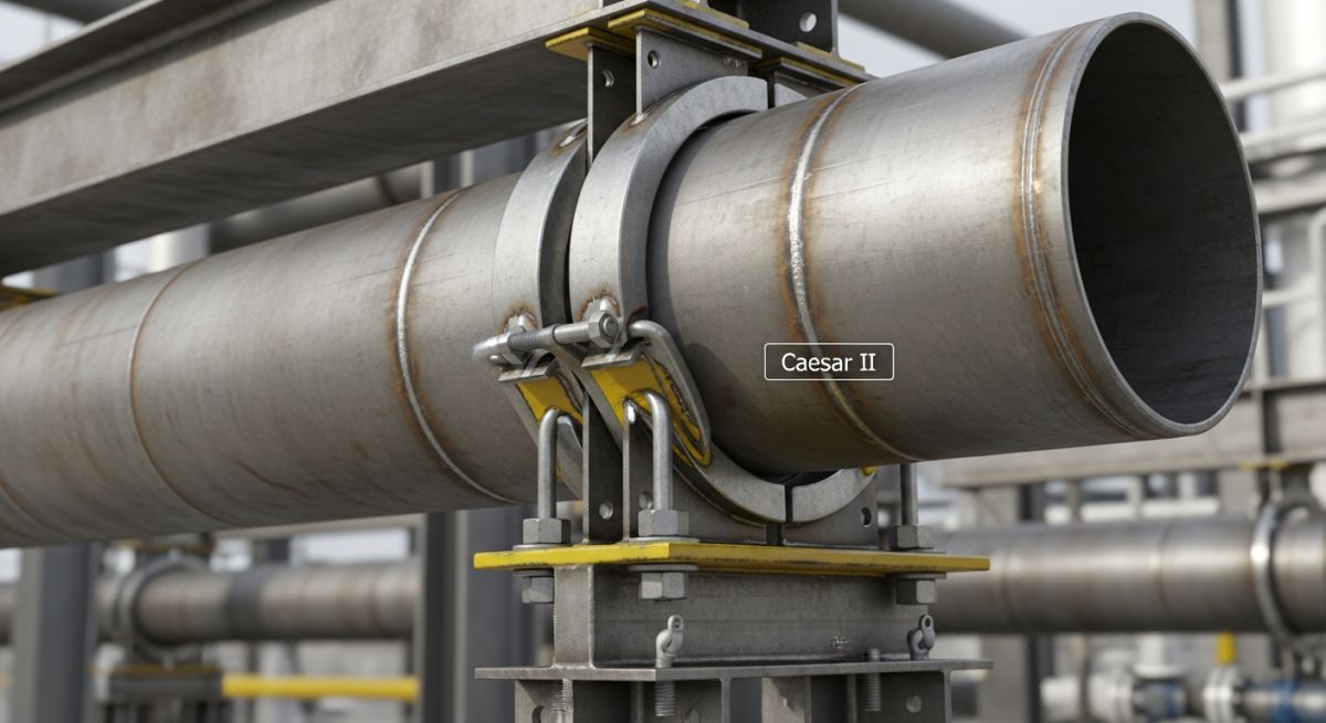 3D engineering model of a piping sway brace assembly attached to a process pipe for stress analysis.