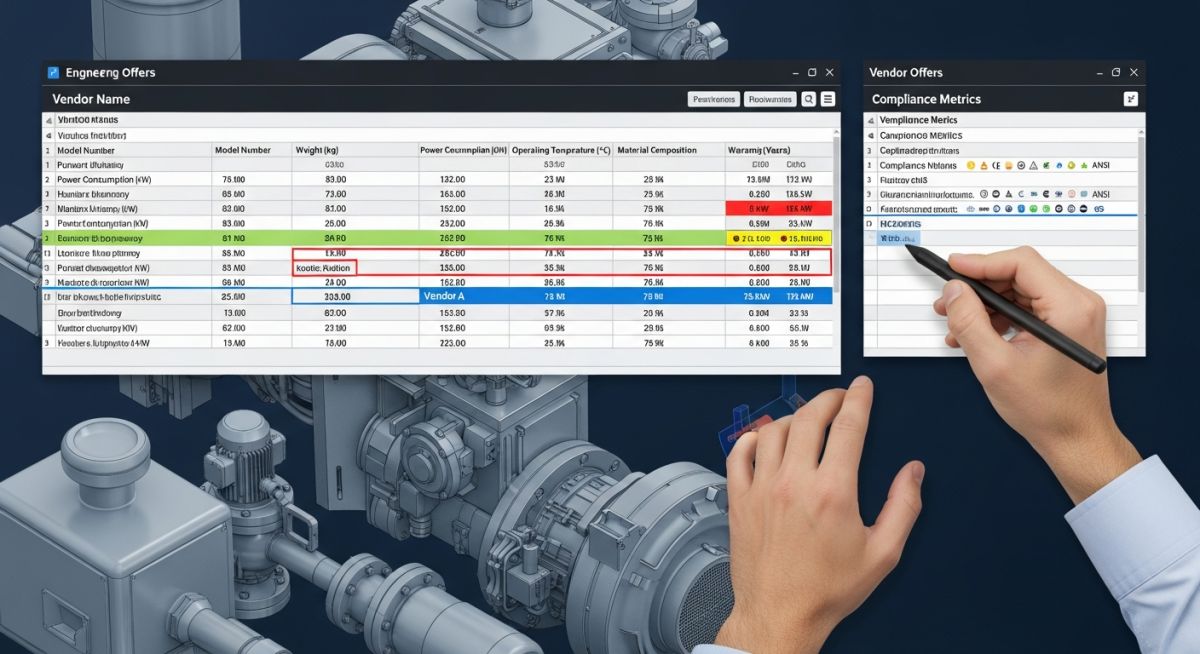 Engineering technical bid evaluation spreadsheet comparing vendor specifications and compliance metrics.