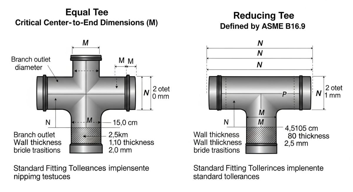 Technical diagram showing center-to-end dimensions for equal and reducing tees