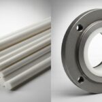 Comparison of raw PTFE material and an industrial PTFE-lined steel pipe flange