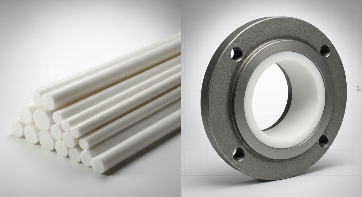 Comparison of raw PTFE material and an industrial PTFE-lined steel pipe flange